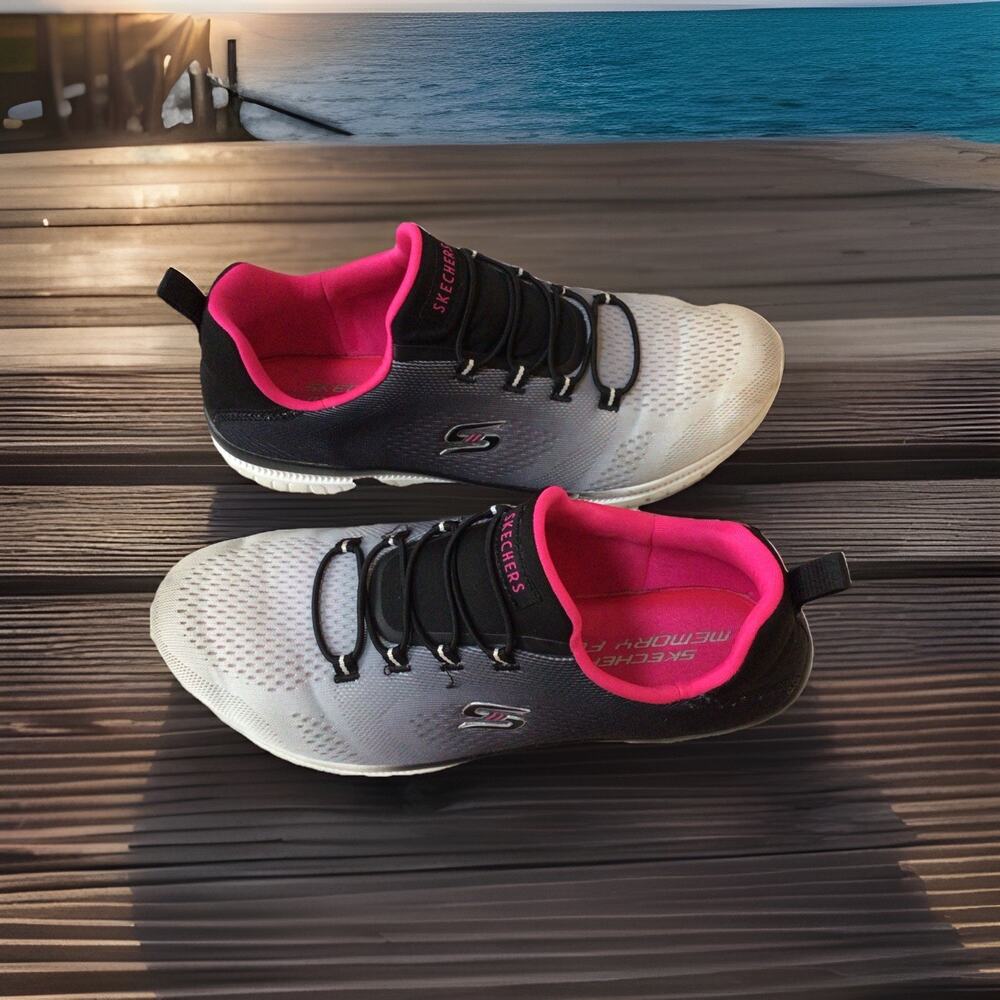 Skechers Mesh Slip-On Bungee Sneakers Women 8 Black Pink Shoes